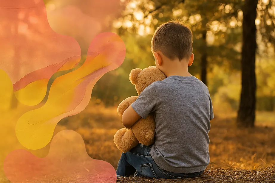 Un niño sentado de espaldas en un bosque, agarrando su osito de peluche.